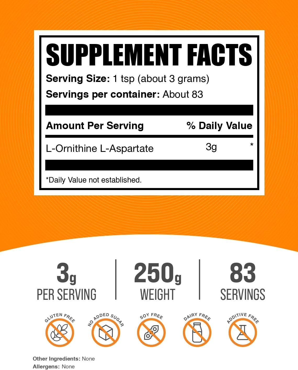 BulkSupplements.com L-Ornithine L-Aspartate Powder - Ornithine Supplement, Amino Acid Supplement - Gluten Free, 3g per Serving, 250g (8.8 oz) (Pack of 1)