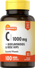 Sundance Vitamin C 1000mg with Bioflavonoids & Rose Hips | 100 Coated Caplets | Vegetarian, Non-GMO and Gluten Free Supplement