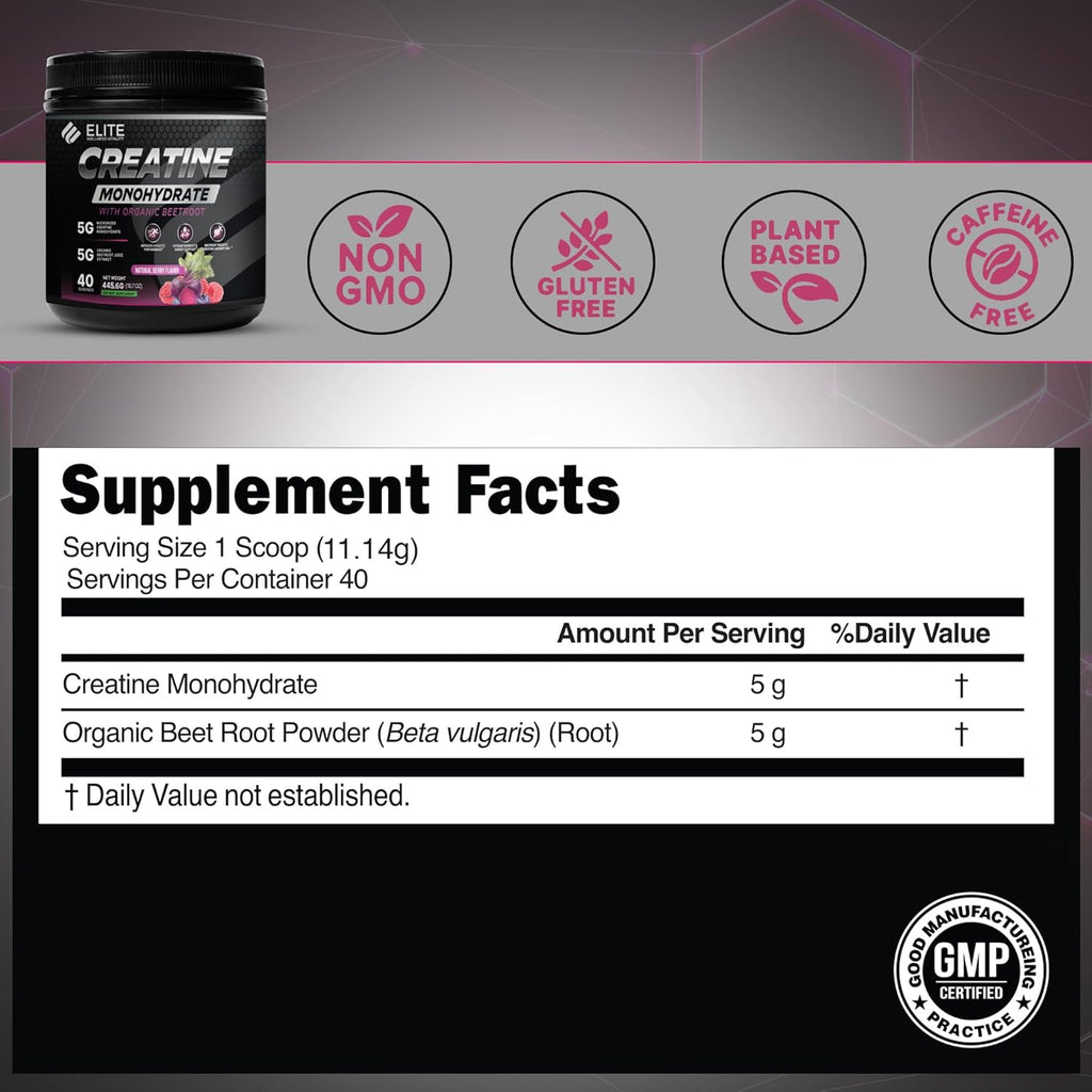 Elite Wellness Berry Flavor Creatine Monohydrate with Organic Beetroot Supplement - Supports Muscle Strength, Stamina, Cognitive Function & Athletic Performance, Gluten & Dairy Free, NSF Qualified