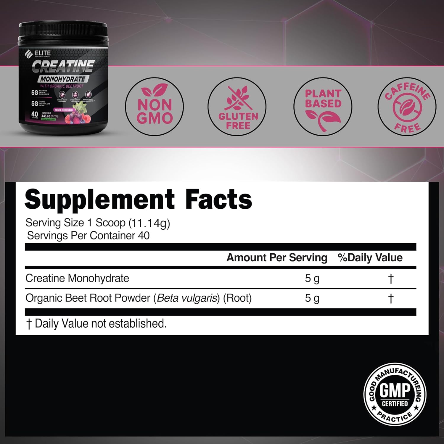 Elite Wellness Berry Flavor Creatine Monohydrate with Organic Beetroot Supplement - Supports Muscle Strength, Stamina, Cognitive Function & Athletic Performance, Gluten & Dairy Free, NSF Qualified