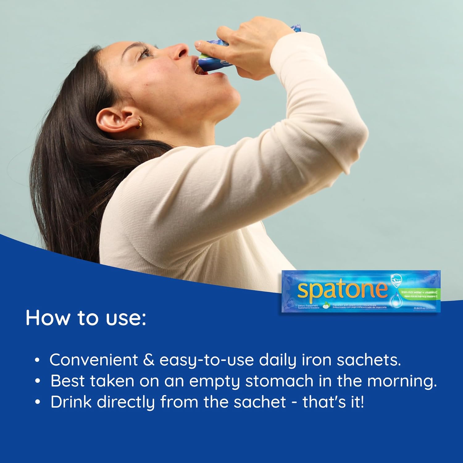 Spatone Natural Liquid Iron Supplement Plus VIT C for Women - Men & Kids Ages 4+ - Ideal During Pregnancy - Easily Absorbed & Gentle - Vegan - Apple Flavor - 28-Day - 5mg of Iron Per 20mL Sachet