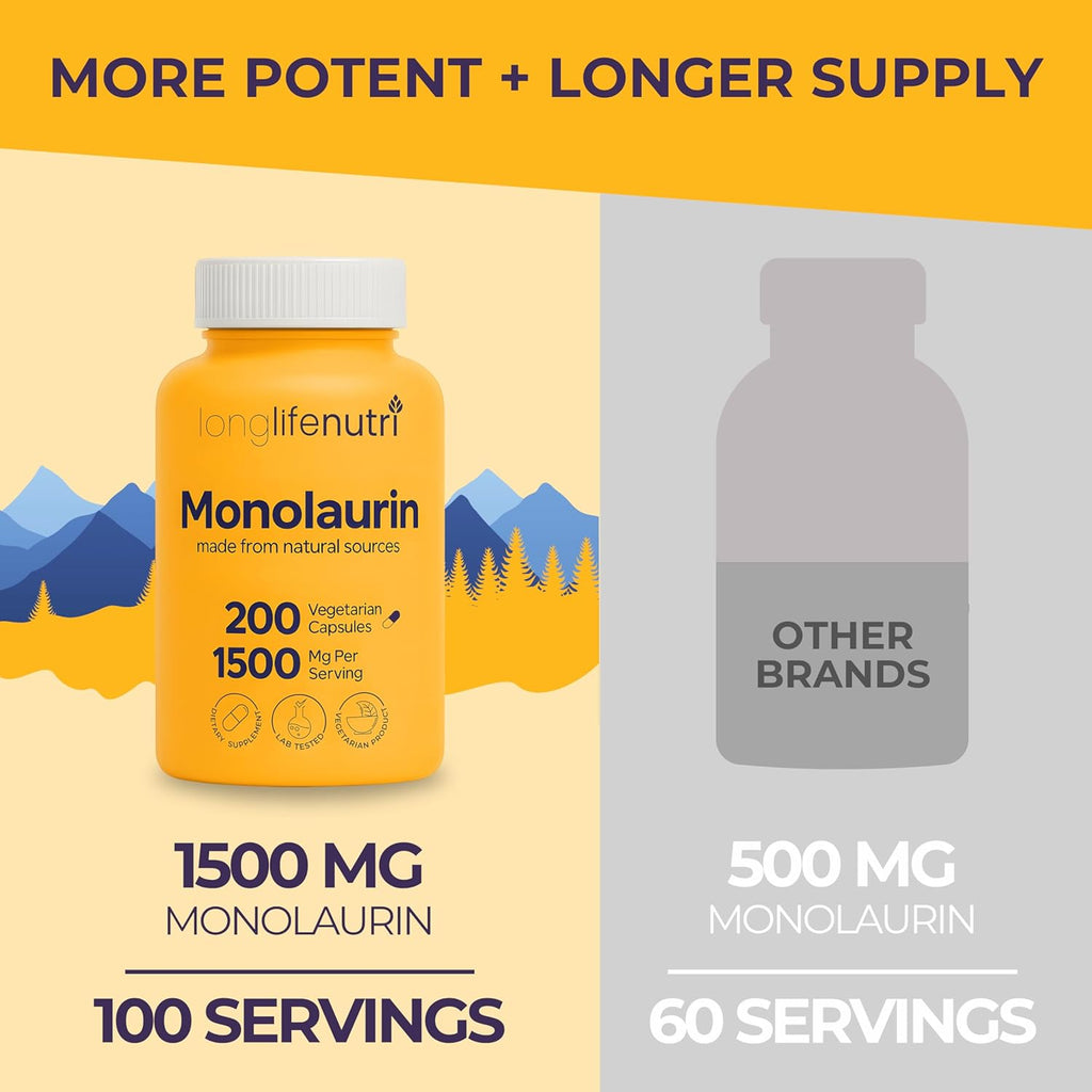 Monolaurin 1500mg - Potent Glycerol from Coconut, 200 Vegetarian Capsules, Organic Supplement for Gut Balance & Natural Defense, 100-Day Supply, GMP Certified, Made in USA