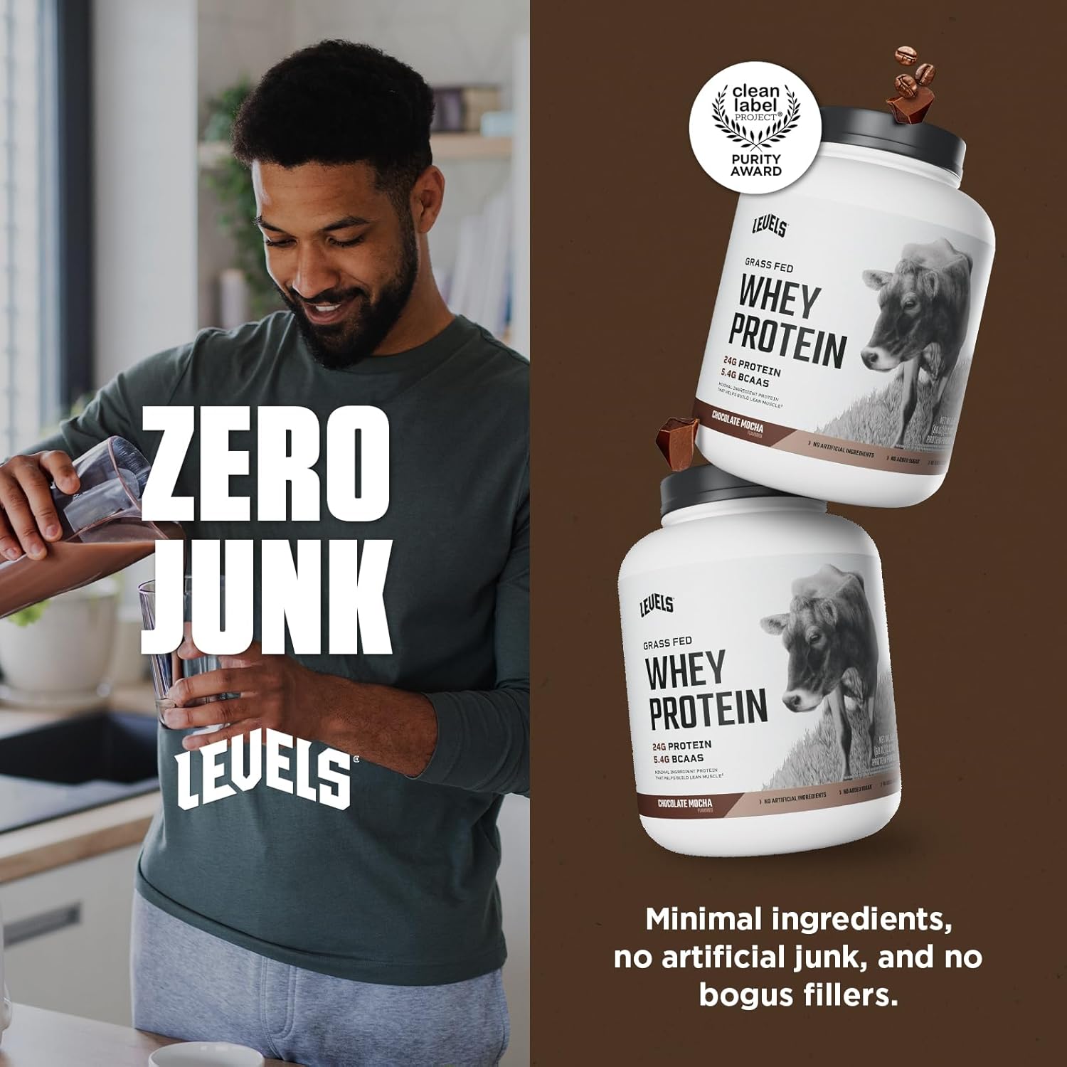 Levels Grass Fed Whey Protein Powder, No Artificials, 24G of Protein, Chocolate Mocha, 5LB