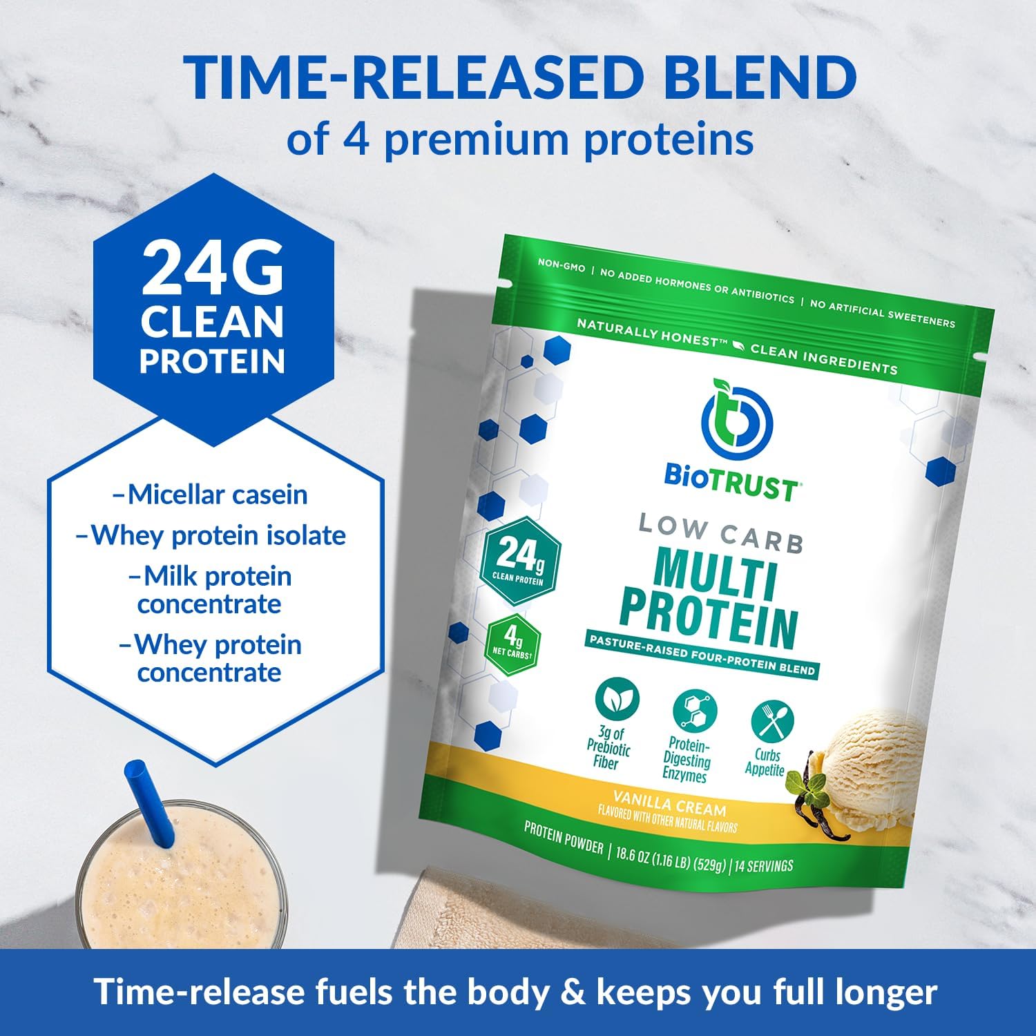 BioTrust Low Carb Protein Powder – Natural and Delicious Whey & Casein Blend from Grass-Fed Hormone Free Cows – Non GMO, Soy Free, Gluten Free, Hormone Free (Vanilla)