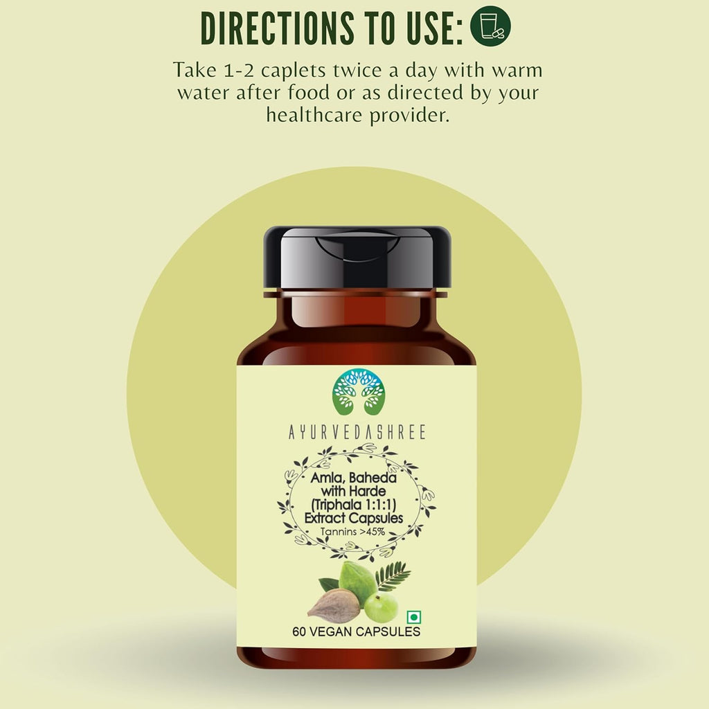 Triphala Extract 500mg - 60 Vegetarian Capsules | Amla, Baheda & Harad Extract | | All Natural | 100% Vegan | Gluten-Free | GMP Certified.