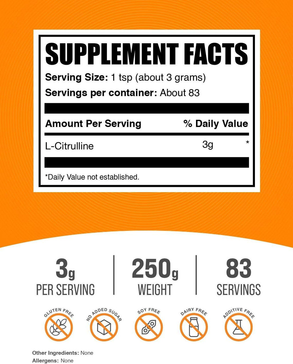 BulkSupplements.com L-Citrulline Powder - Citrulline Supplement, Nitric Oxide Supplement - Unflavored & Gluten Free - 3g per Servings, 250g (8.8 oz) (Pack of 1)