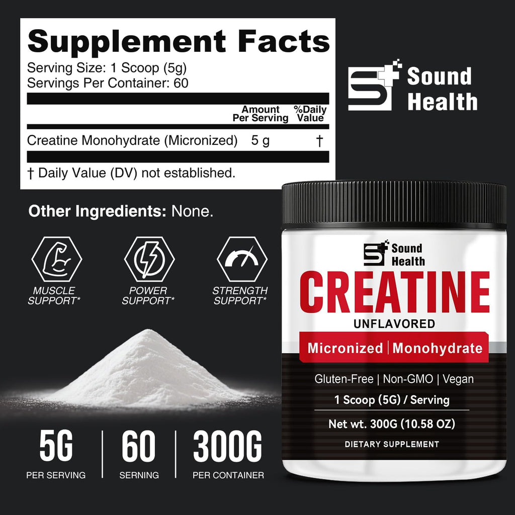 Creatine Monohydrate Powder 5000mg Pure Creatine Powder Monohydrate Micronized 300g (60 Servings) Unflavored Nutritional Supplements for Men & Women Sugar-Free,Vegan, Non-GMO with Scoop