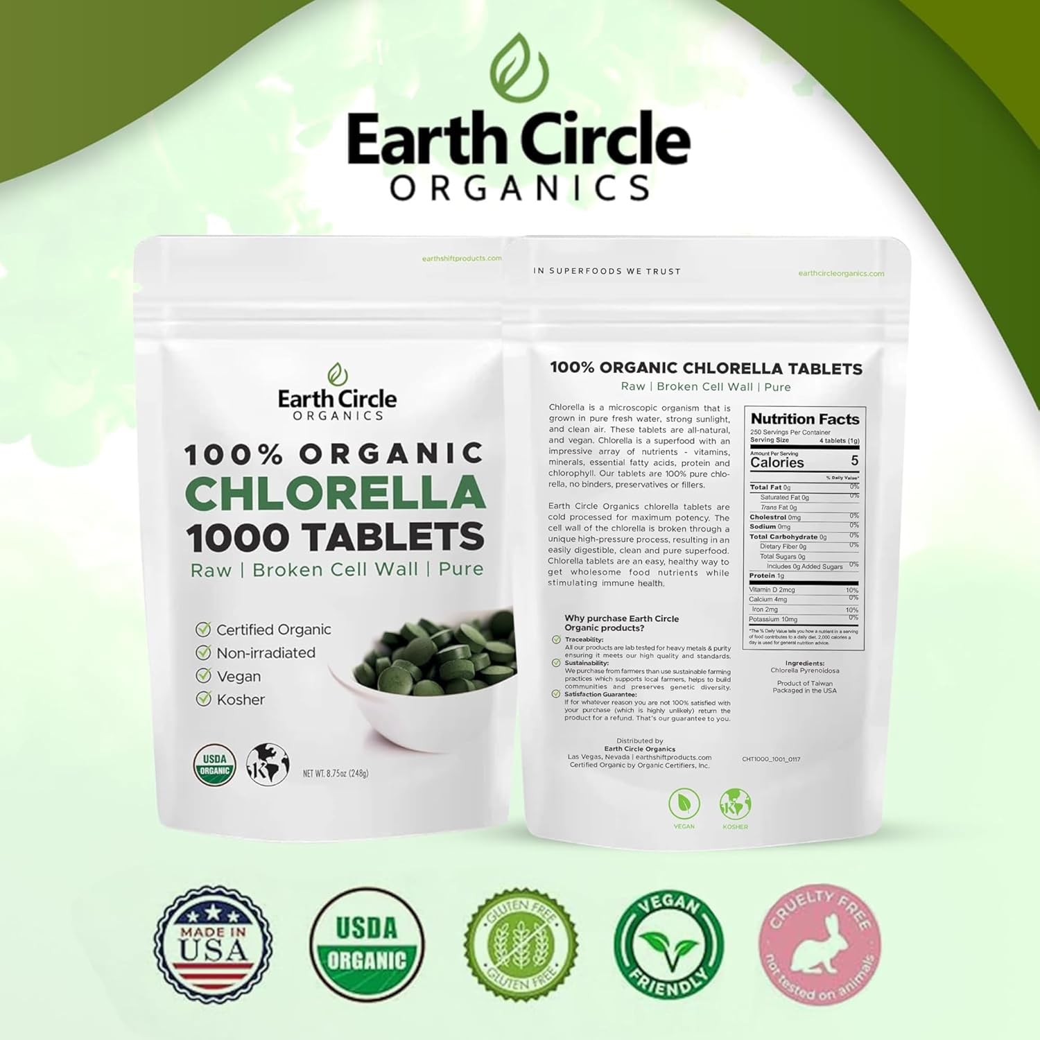 Organic Chlorella Tablets 1,000 Count | High Potency Superfood | Chlorophyll Pills from 100% Pure Green Algae | Broken Cell Wall for Max Absorption | Vegan, Kosher, Non-GMO | 4 Tabs per Day (3-Pack)
