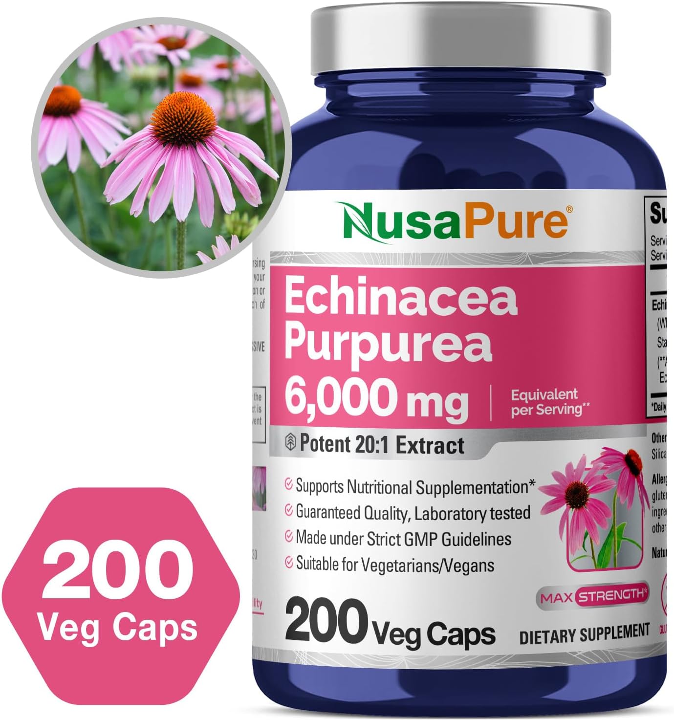 NusaPure Echinacea 20:1 Extract, 300 mg Equivalent to 6,000mg 200 Veggie Caps, Vegan, Non-GMO, Gluten Free Supplement (Pack of 2)