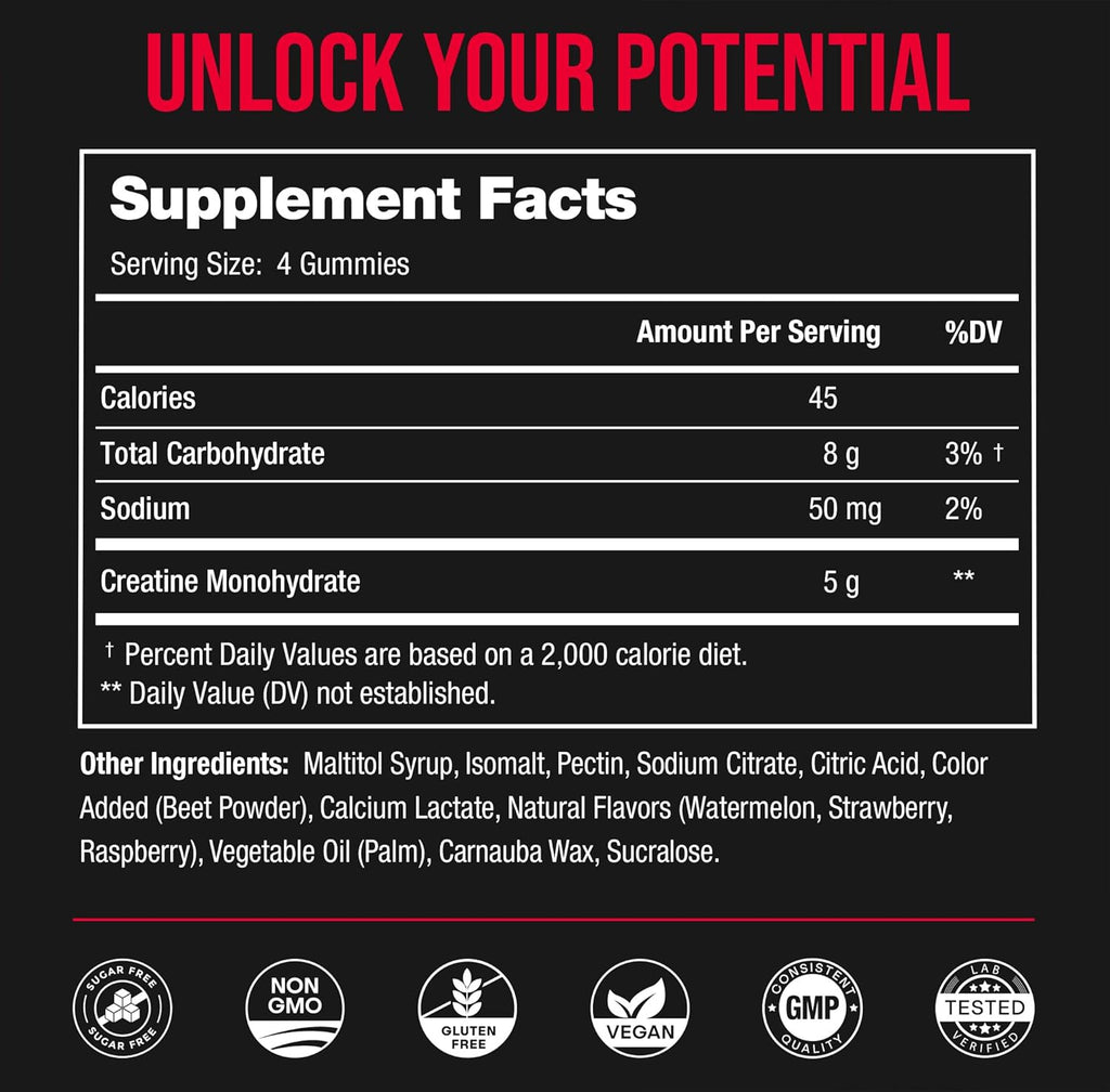 NutraChamps 120 Creatine Gummies for Men & Women - 5g Sugar Free Chewable Creatine Monohydrate Gummies - Supports Protein Synthesis, Muscle Recovery & Workout Performance
