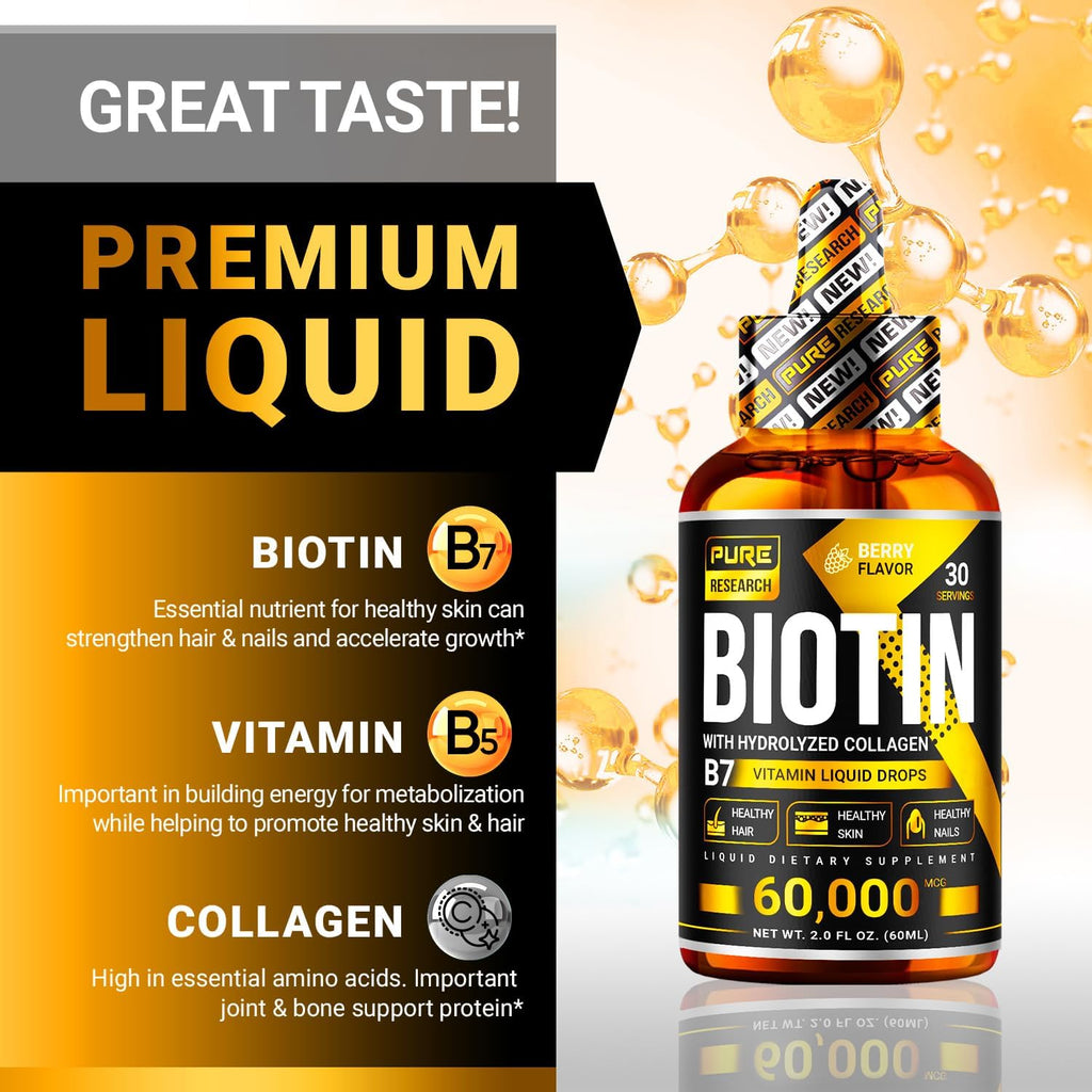PURE RESEARCH Biotin & Collagen 60,000mcg Hair Growth Liquid Drops, Supports: Strong Nails, Glowing Skin, Healthy Hair Growth, More Absorption Than Capsules & Pills (4Fl Oz)