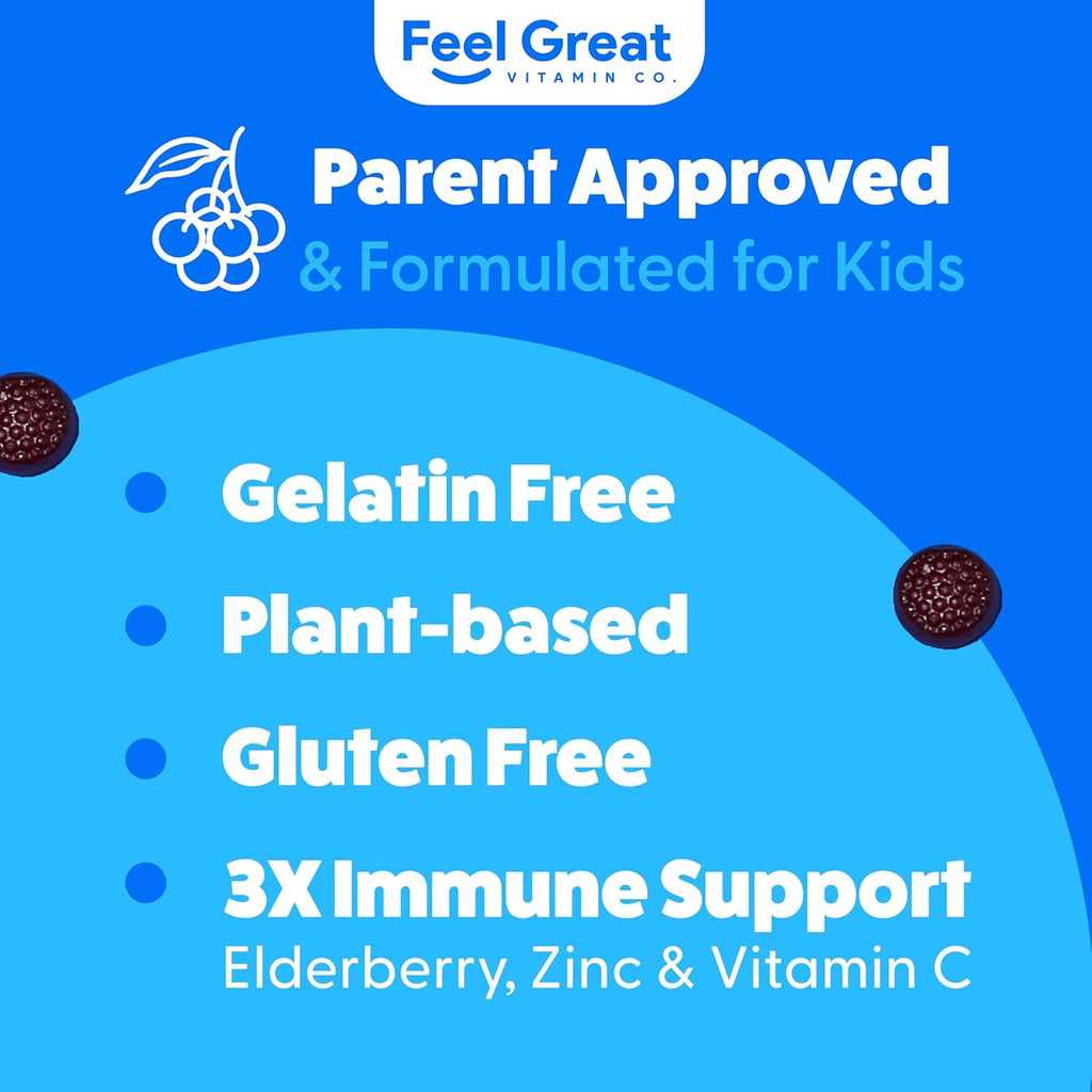 Feel Great Immune Support for Kids | Vitamin C Zinc & Elderberry Gummies | Sambucus Nigra Immunity Multivitamin | Vegetarian | 60 Day Supply