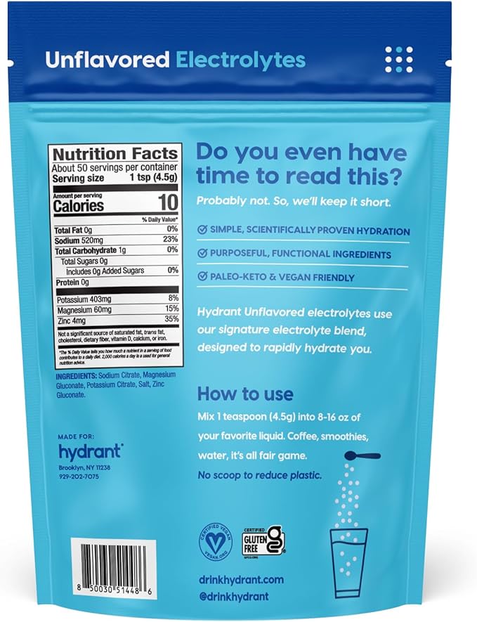 Hydrant - Bulk Hydration Powder, Unflavored, 50 Servings Fast Acting Electrolyte Rehydration Powder - Zero Sugar Flavorless Drink Mix for Daily Use, Travel & Workouts
