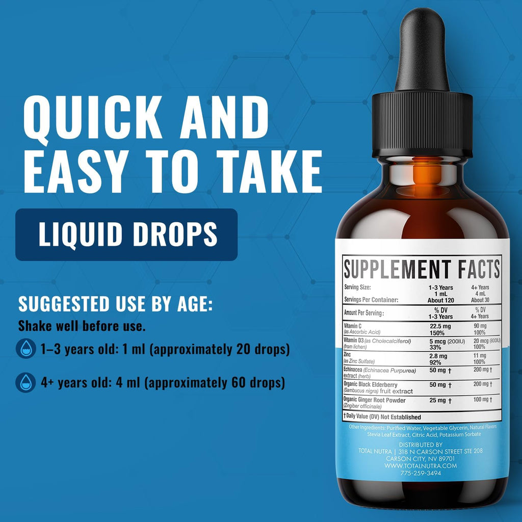 Total Immune 6-in-1 Liquid Multivitamin Supplement | 100% Daily Zinc, Vitamin D3, Vitamin C Immunity Drops Vitamin Liquid | Elderberry, Echinacea, Ginger Support for Adults & Kids | 4 oz Passion Fruit