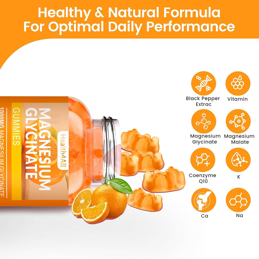 Magnesium Glycinate Gummies 1000mg, High Absorption Sugar Free Magnesium Potassium Supplement for Relaxation, Stress Relief, and Sleep Support for Adults & Kids - 90 Orange Gummies