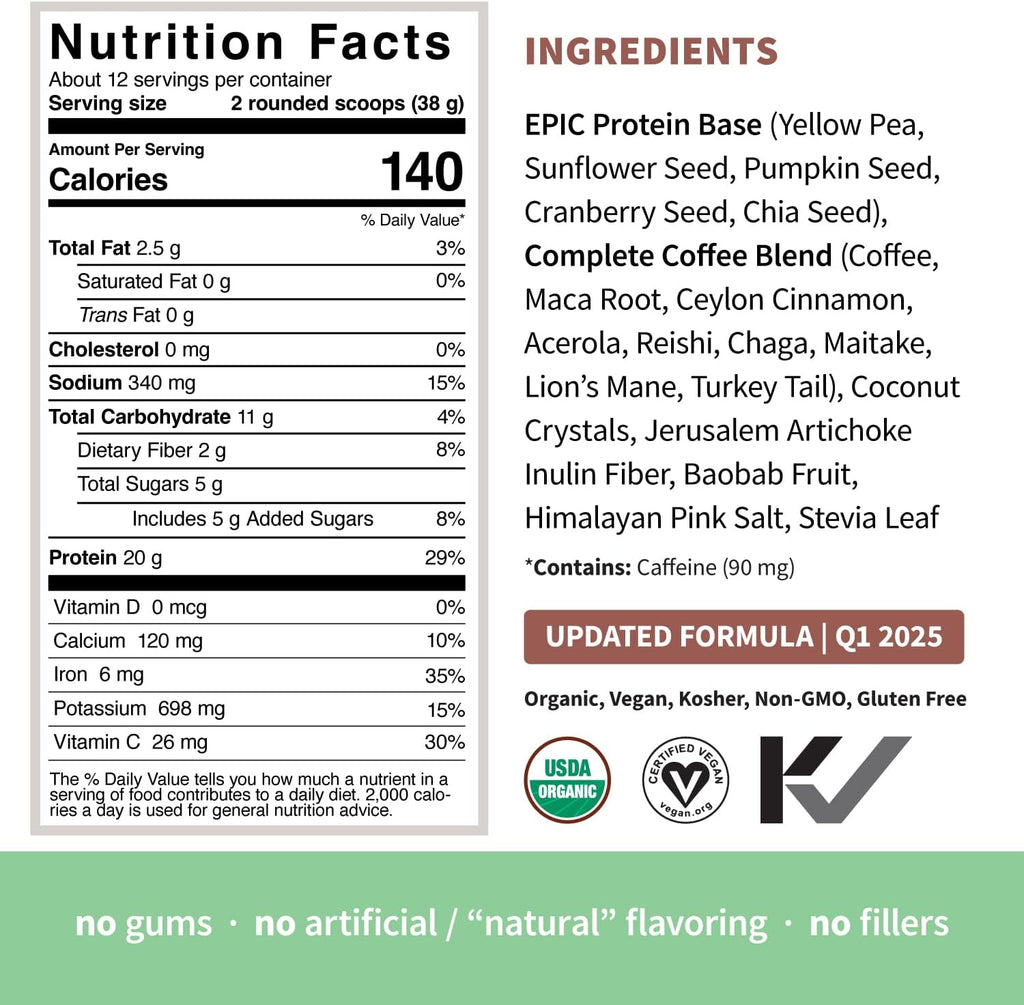 Sprout Living, Epic Protein, Plant Based Protein & Superfoods Powder, Complete Coffee | 20 Grams Organic Protein Powder, Adaptogens, Mushrooms, Vegan, Non-GMO, Gluten Free (1 Pound, 12 Servings)