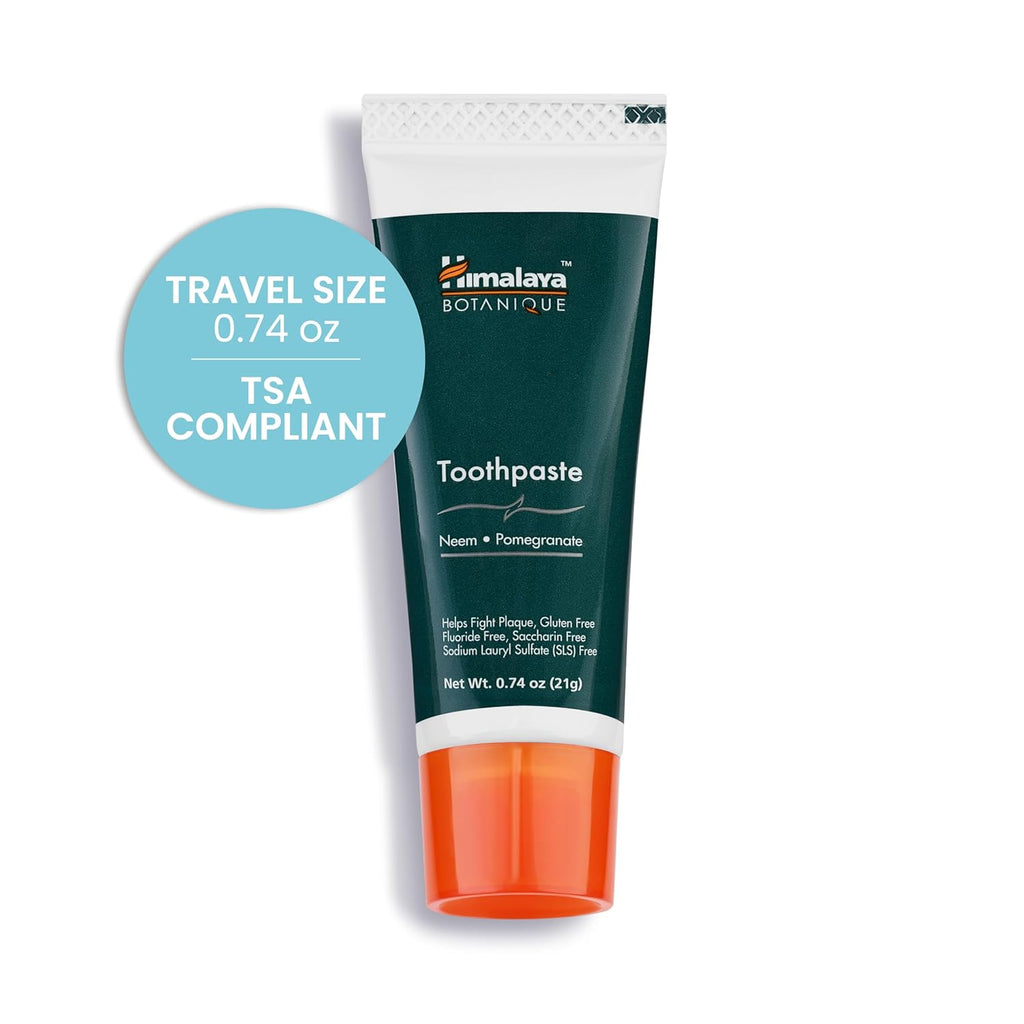 Himalaya Botanique Neem & Pomegranate Travel Toothpaste, Mint Flavor - Travel Size Fluoride Free Toothpaste Fights Plaque & for Fresh Breath - Vegan, Gluten Free, No SLS, 0.74 oz (Pack of 20)