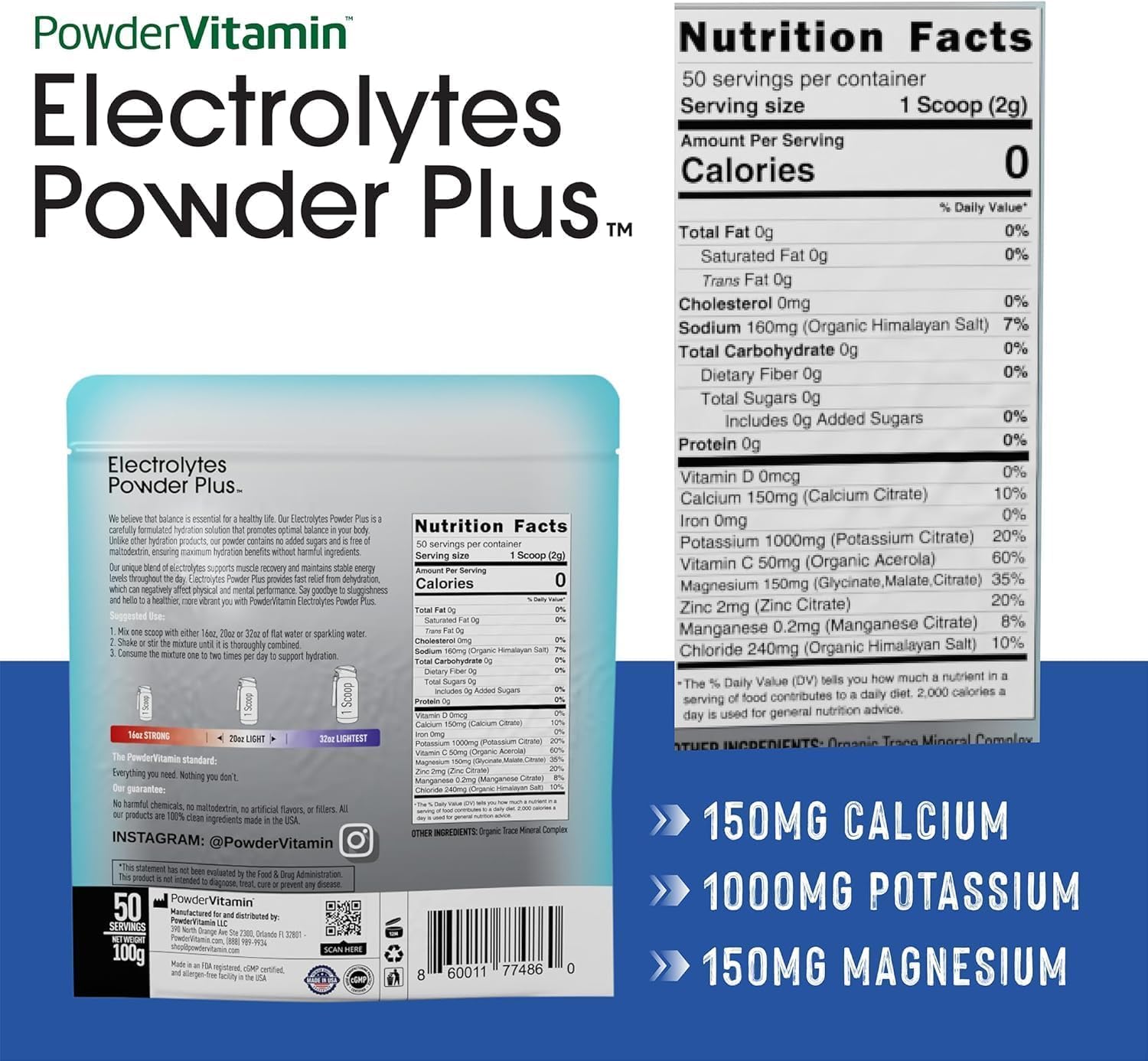 PowderVitamin Electrolytes Powder Plus (50 Servings) Unflavored Electrolyte Powder Keto, Sugar Free, Pink Himalayan Salt.,1000mg Potassium,150mg Calcium,150mg Magnesium, NO Stevia