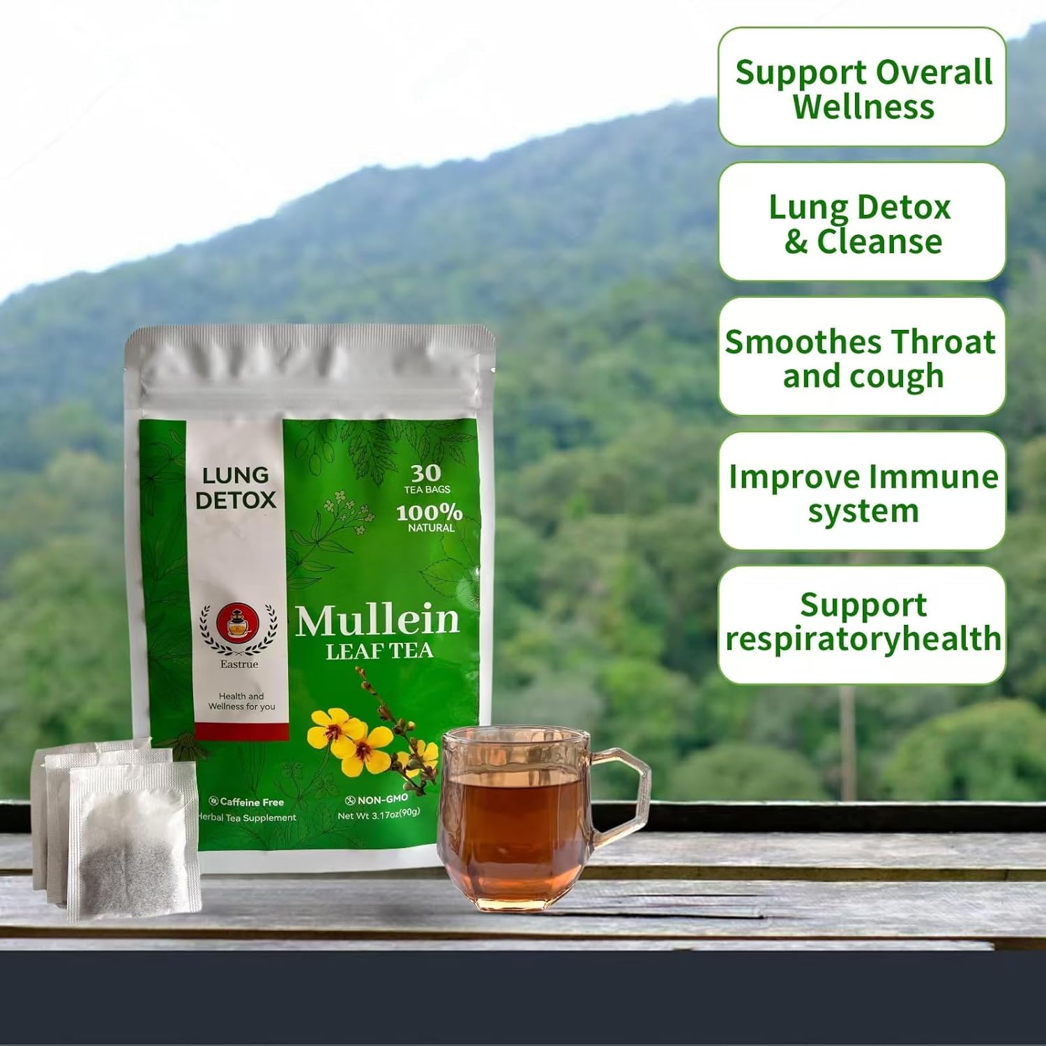 Orangic Mullein Detox Tea for Lungs,Smoker,Respiratory Support-Pure Mullein Leaf Herbal Tea for Lung Cleanse,18 Premium Herbs Blend,Breath Easy Tea,Caffeine Free,100% Natural,30 Tea Bags
