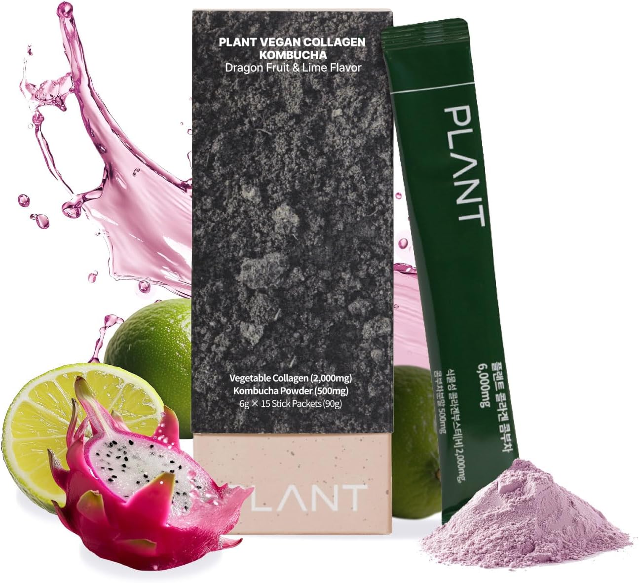 PLANT Vegan Collagen Peptide + Kombucha Powder + Probioitics + Vitamin C | Tripeptide Vegetarian Collagen Booster 2000mg, Dragonfruit Lime |15 packets, Gut & Skin Health Anti-Aging Hydration drink mix