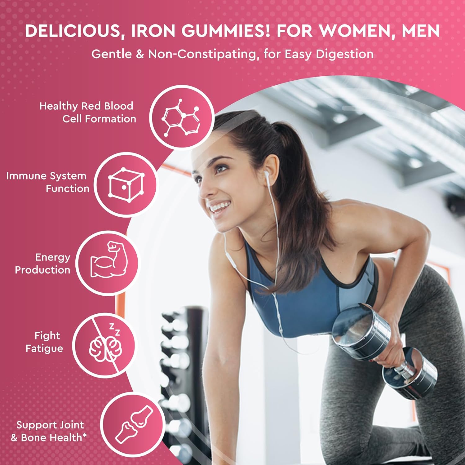 Iron Gummies with Zinc, Calcium, Vitamin C, B6 & B12 | Iron Supplement for Women, Men & Kids | Supports Anemia & Deficiency, Blood Builder & Cell Formation | Chewable Cherry Flavor | 60 Gummies