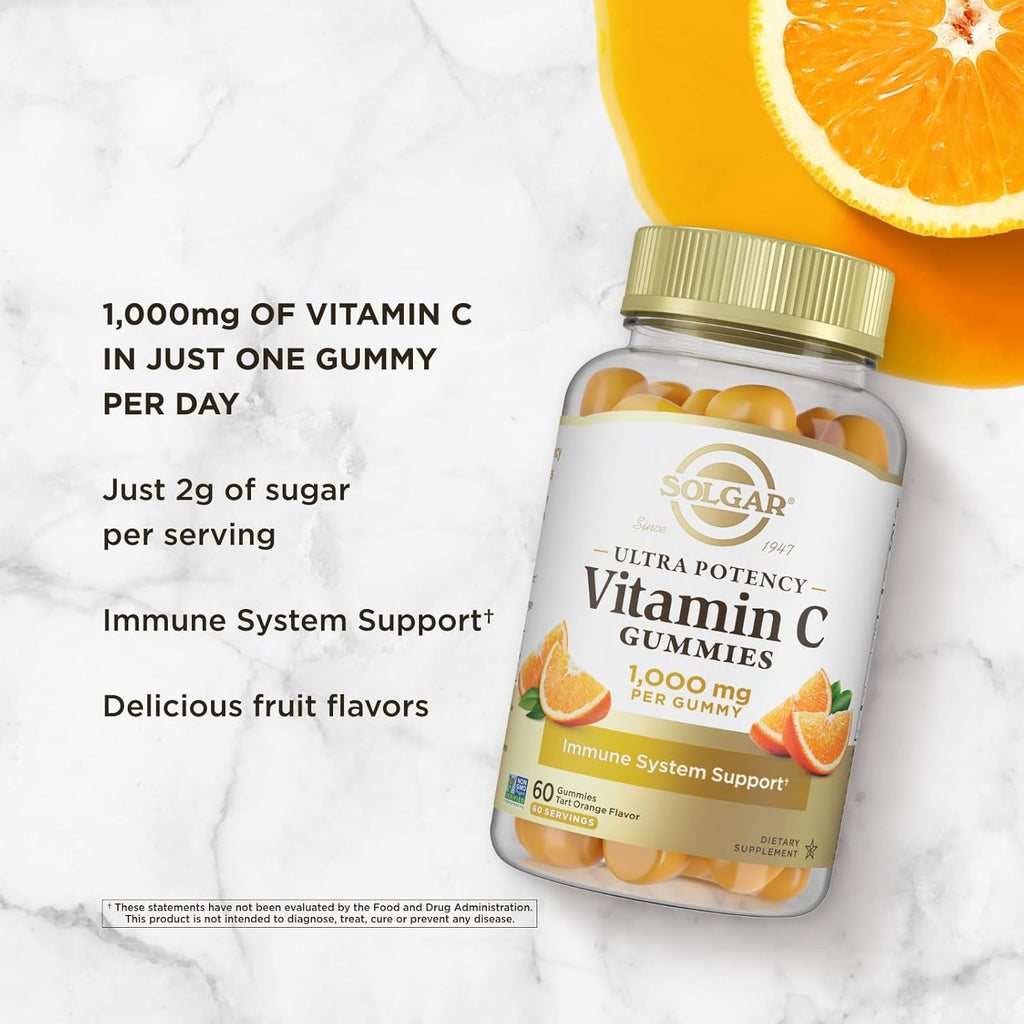 Solgar Vitamin C Gummies for Adults 1,000mg Ultra Potency Vitamin C Immune System Support for Women & Men - Tasty Tart Orange Flavor, Vegan & Gluten-Free Gummy, 2 Month Supply, 60 Servings, 2g Sugar
