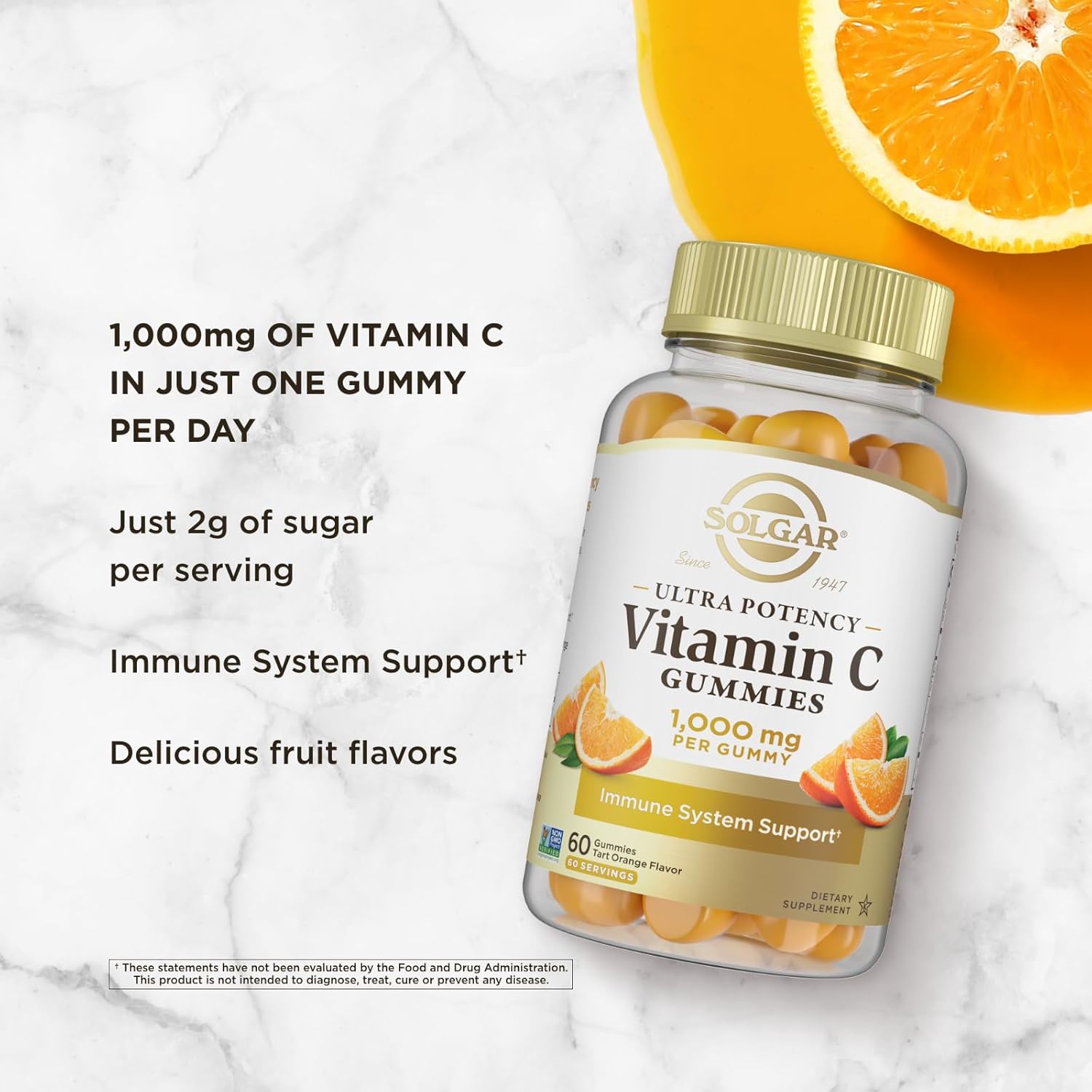 Solgar Vitamin C Gummies for Adults 1,000mg Ultra Potency Vitamin C Immune System Support for Women & Men - Tasty Tart Orange Flavor, Vegan & Gluten-Free Gummy, 2 Month Supply, 60 Servings, 2g Sugar