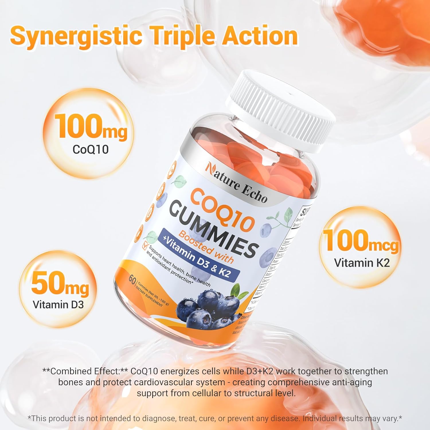CoQ10 Gummies, Coenzyme Q10 Supplement 100mg with Vitamin D3 2000 IU & K2 100mcg, Sugar Free, Heart Health, Bone Support & Antioxidant, Vegan, Non-GMO, Blueberry Flavor - 60 Gummies