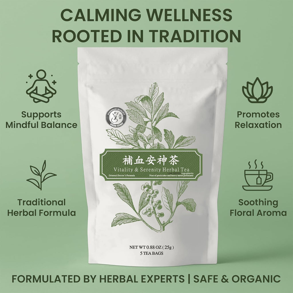 Herb Guru Vitality & Serenity Herbal Tea, natural Herbal Blend with Jujube, Goji Berry & Angelica Root, Restorative Infusion & Wellness Beverage, Includes 5 natural Tea Bags for Balanced Energy