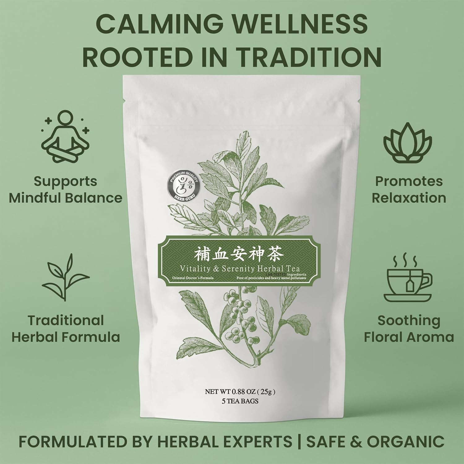 Herb Guru Vitality & Serenity Herbal Tea, natural Herbal Blend with Jujube, Goji Berry & Angelica Root, Restorative Infusion & Wellness Beverage, Includes 5 natural Tea Bags for Balanced Energy