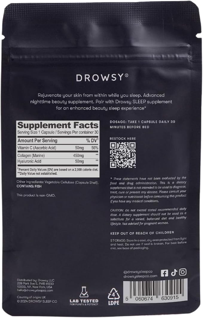 Drowsy Beauty – Nighttime Skin Hydration & Wellness Supplement with Marine Collagen, Hyaluronic Acid & Vitamin C – Supports Skin Vitality & Relaxation