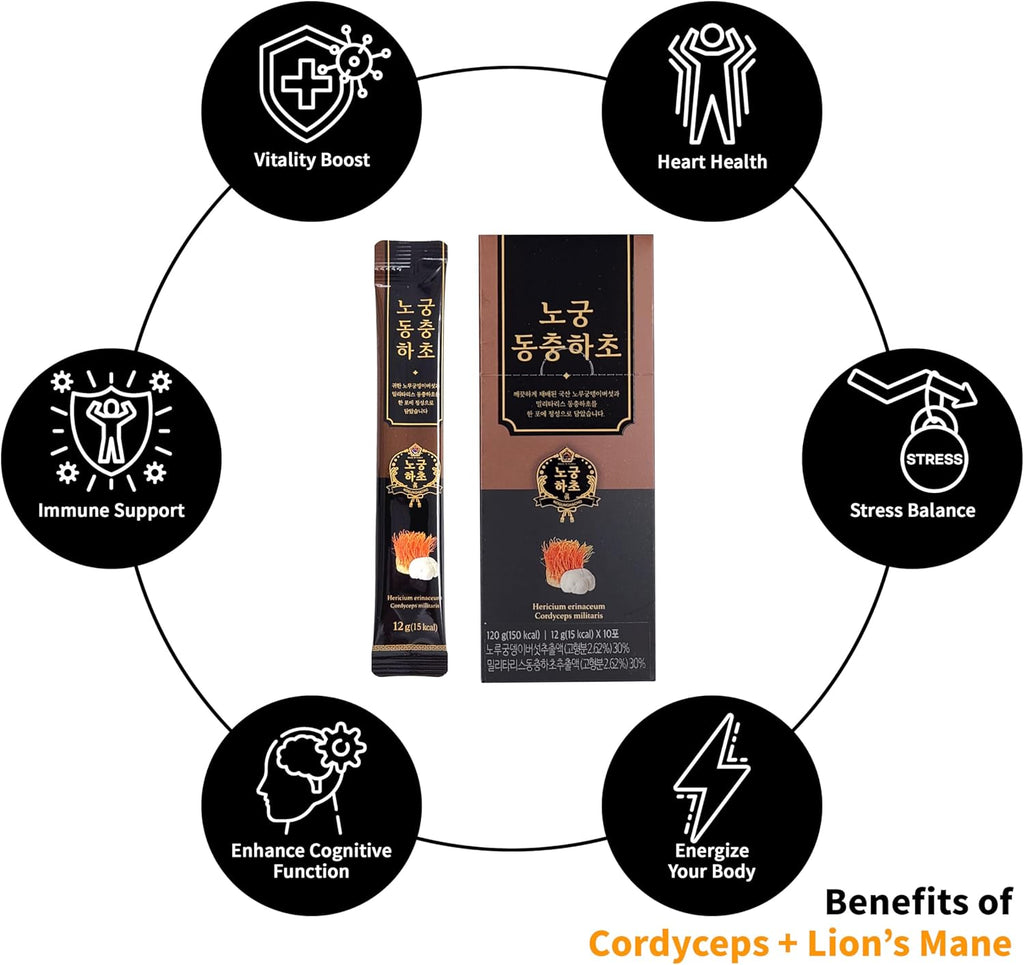 [Nogung Dongchunghacho] CordLion - Cordyceps & Lion’s Mane Mushroom Supplement – Supports Natural Energy & Immune System - 100% Real Extract, Herbal Formula for Daily Wellness – 30 Sticks