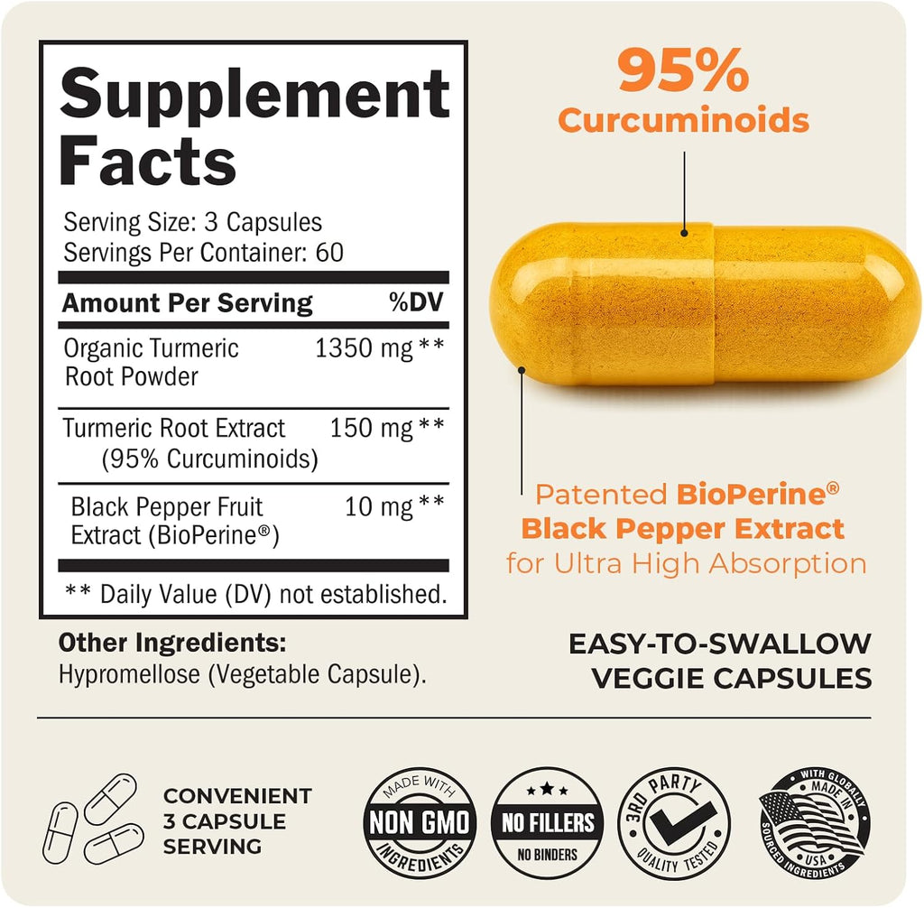Turmeric Curcumin with Black Pepper Extract 1500mg - High Absorption Ultra Potent Turmeric Supplement with 95% Curcuminoids and BioPerine - Non GMO Tumeric Capsules for Joint Support - 180 Capsules