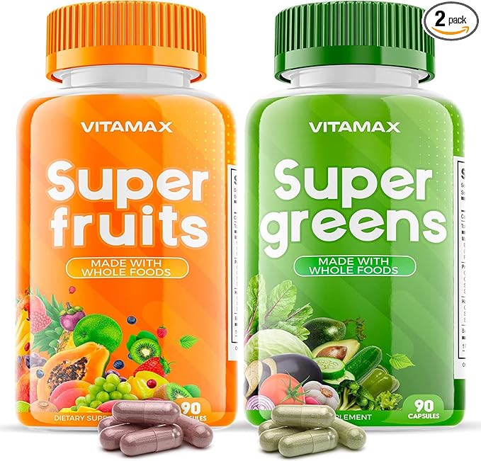 Vitamax Super Fruit and Vegetable Supplements – Whole Superfood Vitamins & Minerals – 90 Veggie and 90 Fruit Capsules for Women, Men, and Kids - Soy Free – Made in The USA
