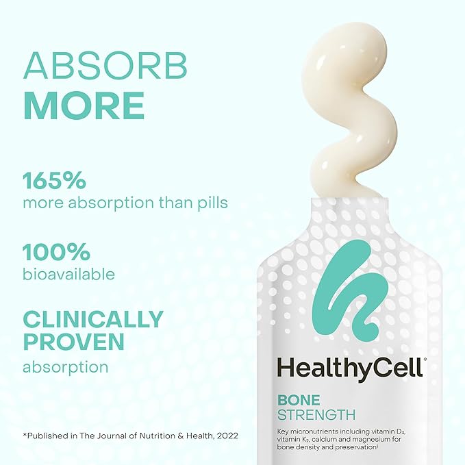 Healthycell Bone Strength Liquid Supplement - Bone Health Supplement with Calcium, Magnesium, Vitamin D3 & Vitamin K2 for Bone Density & Preservation - 30 Gel Packs, Tropical Flavored