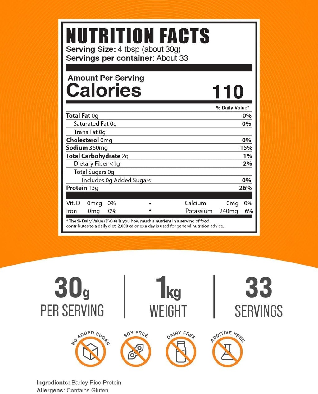 BulkSupplements.com Barley Rice Protein Powder - Vegan Protein Powder, Sports Nutrition - Unflavored & Dairy Free, 30g per Serving, 1kg (2.2 lbs) (Pack of 1)