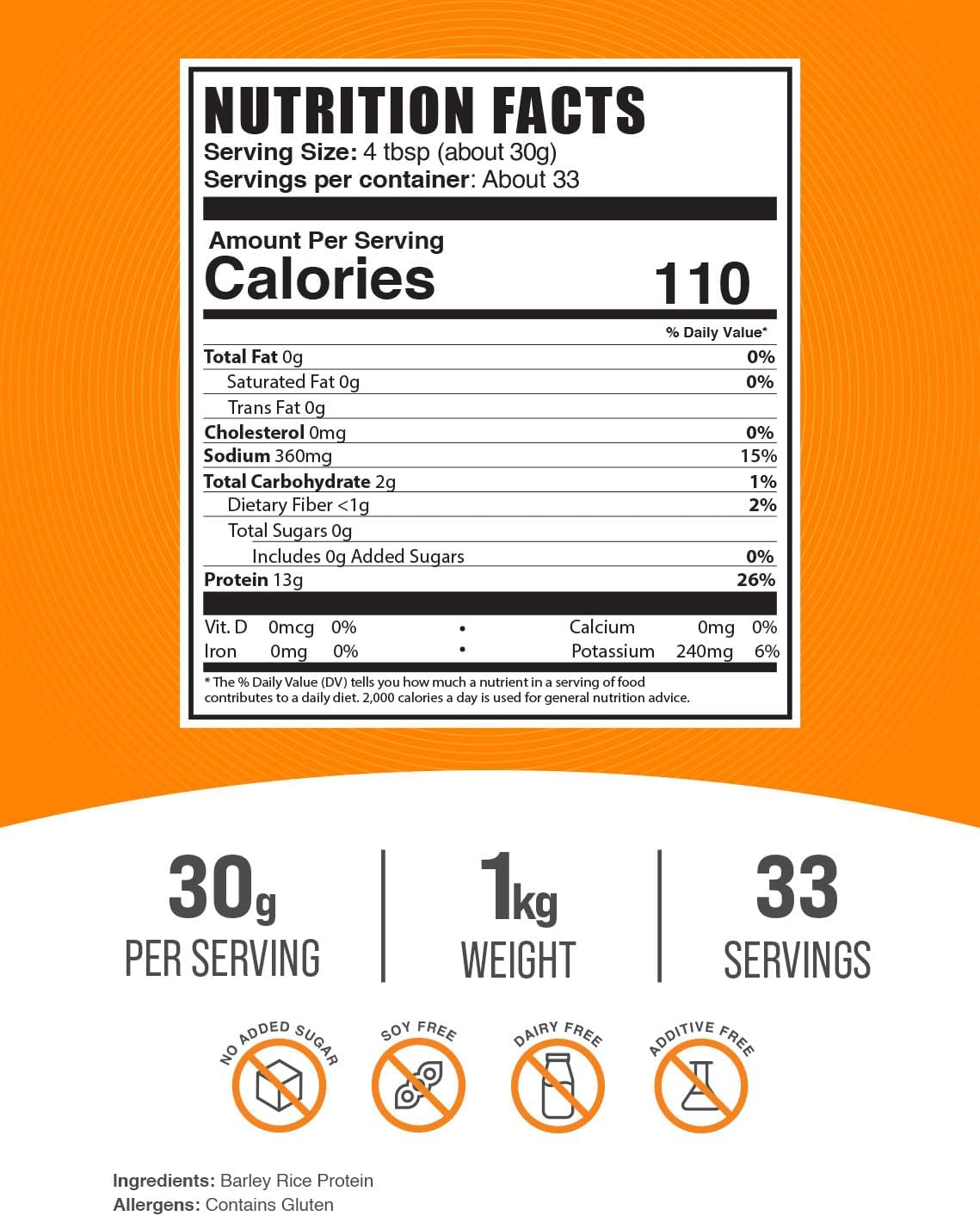 BulkSupplements.com Barley Rice Protein Powder - Vegan Protein Powder, Sports Nutrition - Unflavored & Dairy Free, 30g per Serving, 1kg (2.2 lbs) (Pack of 1)