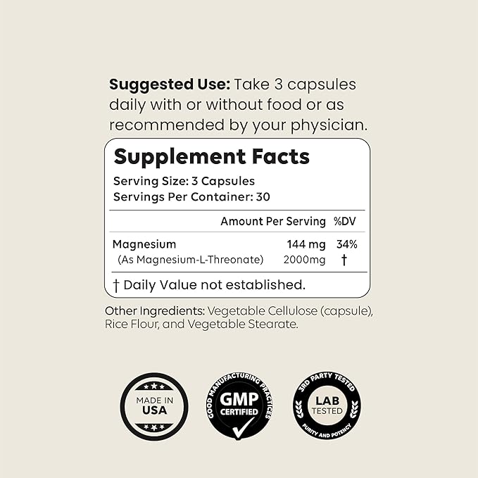Mag3 – Magnesium L Threonate 2000mg Per Serving, 30 Servings of Pharmaceutical Grade, Non-GMO, Soy Free, Gluten Free, Vegetarian Capsules - Supplement for Brain & Joint