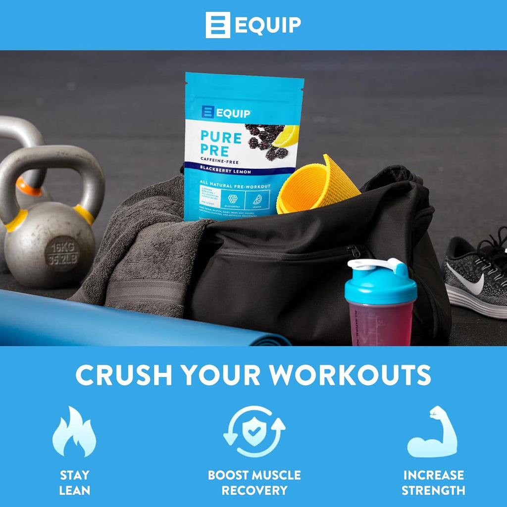 Equip Foods Pure Pre All Natural Pre-Workout Powder | Caffeine Free, EAA, Vitamin C, B6, B12, L-carnitine, Agnine | Naturally Boosts Workouts | 30 Servings, BlackBerry Lemon Decaffeinated