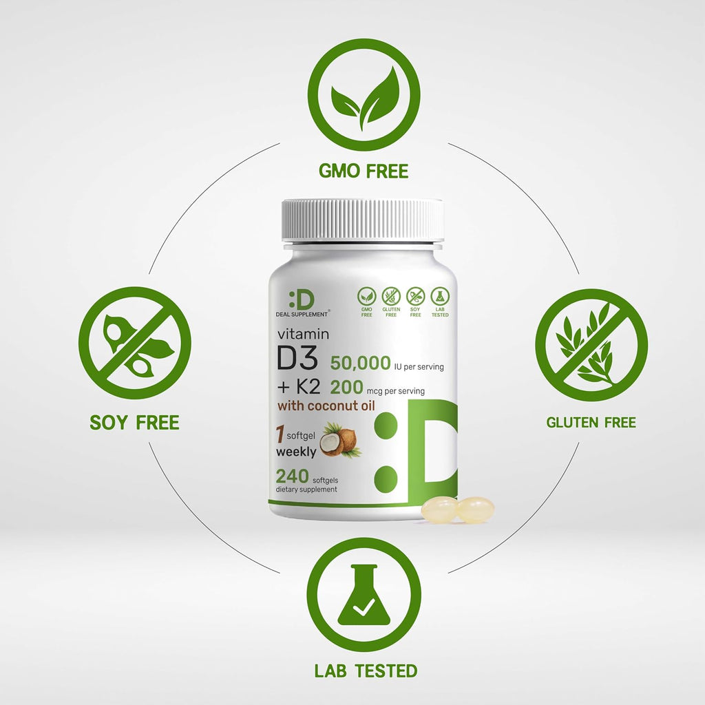 DEAL SUPPLEMENT Vitamin D3 50,000 IU + K2 MK7 200mcg Softgels, 240 Count | 2-in-1 Complex with Virgin Coconut Oil | Supports Heart, Bone, Teeth & Immune Health | Easy to Swallow