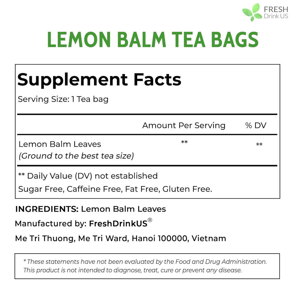 FreshDrinkUS, Lemon Balm Tea Bags | 75 Count |100% Pure Melissa officinalis – Naturally Calming Herbal Tea | Caffeine-Free, Premium Quality, Refreshing Flavor, Sustainably Sourced