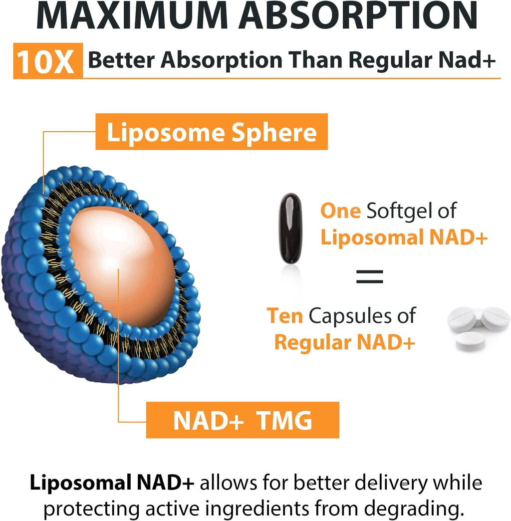 Orgabay Liposomal NAD+ Supplement 500 mg, High Absorption, Boost NAD+ with TMG 250 mg, Actual NAD Plus More Efficient Than Nicotinamide Riboside, Support Cellular Energy, Healthy Aging | 60 Softgels