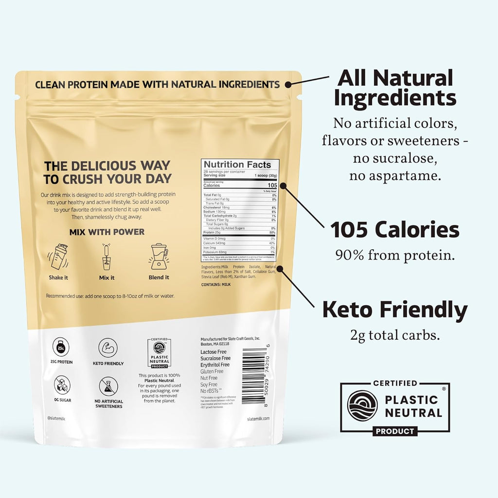 Slate Milk -High Protein Drink Mix Powder -Vanilla Cream,28 Servings Bag - Lactose Free,25g Protein,0g Sugar,105 Calories,2g Carbs,All Natural Ingredients - Breakfast Boost - Post Workout -1.85 lbs