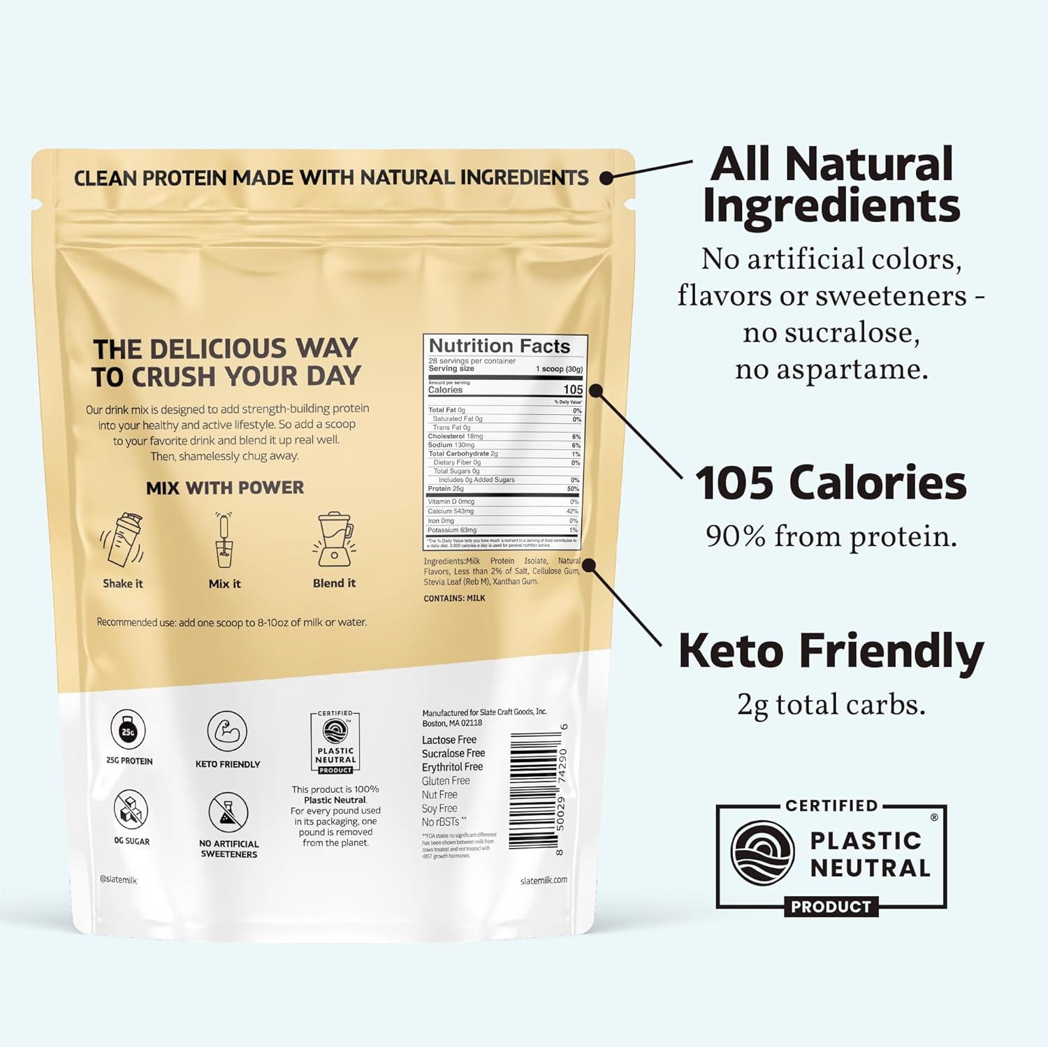 Slate Milk -High Protein Drink Mix Powder -Vanilla Cream,28 Servings Bag - Lactose Free,25g Protein,0g Sugar,105 Calories,2g Carbs,All Natural Ingredients - Breakfast Boost - Post Workout -1.85 lbs