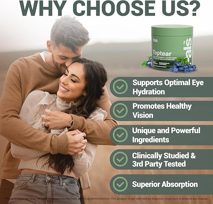 Dry Eye Relief Supplements for Adults with Pure Bilberry Extract Toptear Ultimate Eye Vitamins for Eyesight, Dryness Relief, Strain, Optical Nerve & Vision Care Support, Vegan Capsules (30 Days) PALS