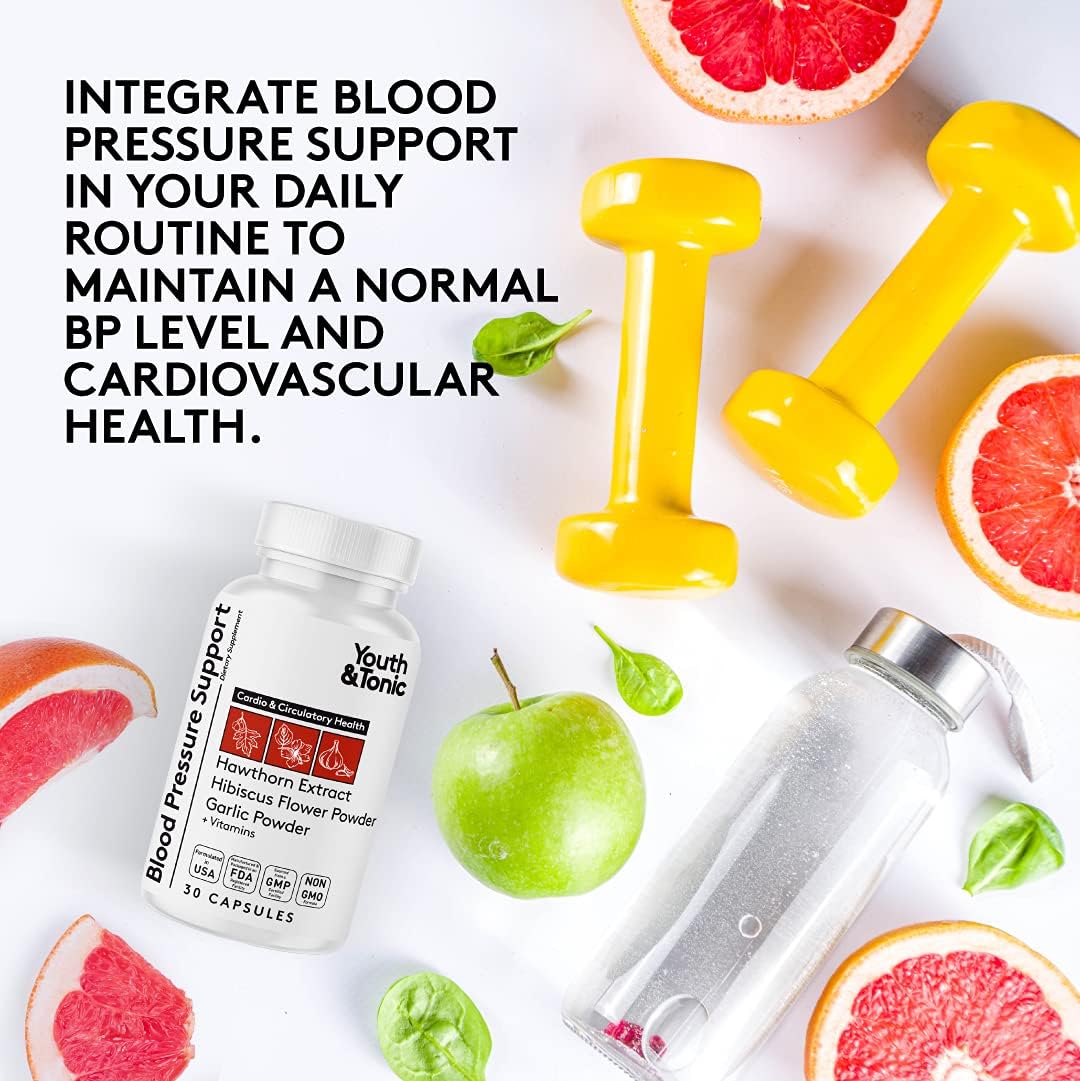 Youth & Tonic Natural Blood Pressure Support Supplement w/Hawthorn Hibiscus & High Potency Diuretic Herbs & Vitamins for Water Retention | 30 BP Capsules to Maintain a Good Health | Women & Men