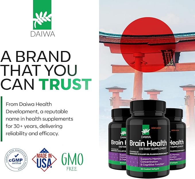 DAIWA Brain Health Omega-3 Supplement for Memory, Focus & Cognitive Wellness | Hokkaido Scallop Oil (HSOP) | Advanced Phospholipid Omega Forumla | 60 Softgels | 2 Pack