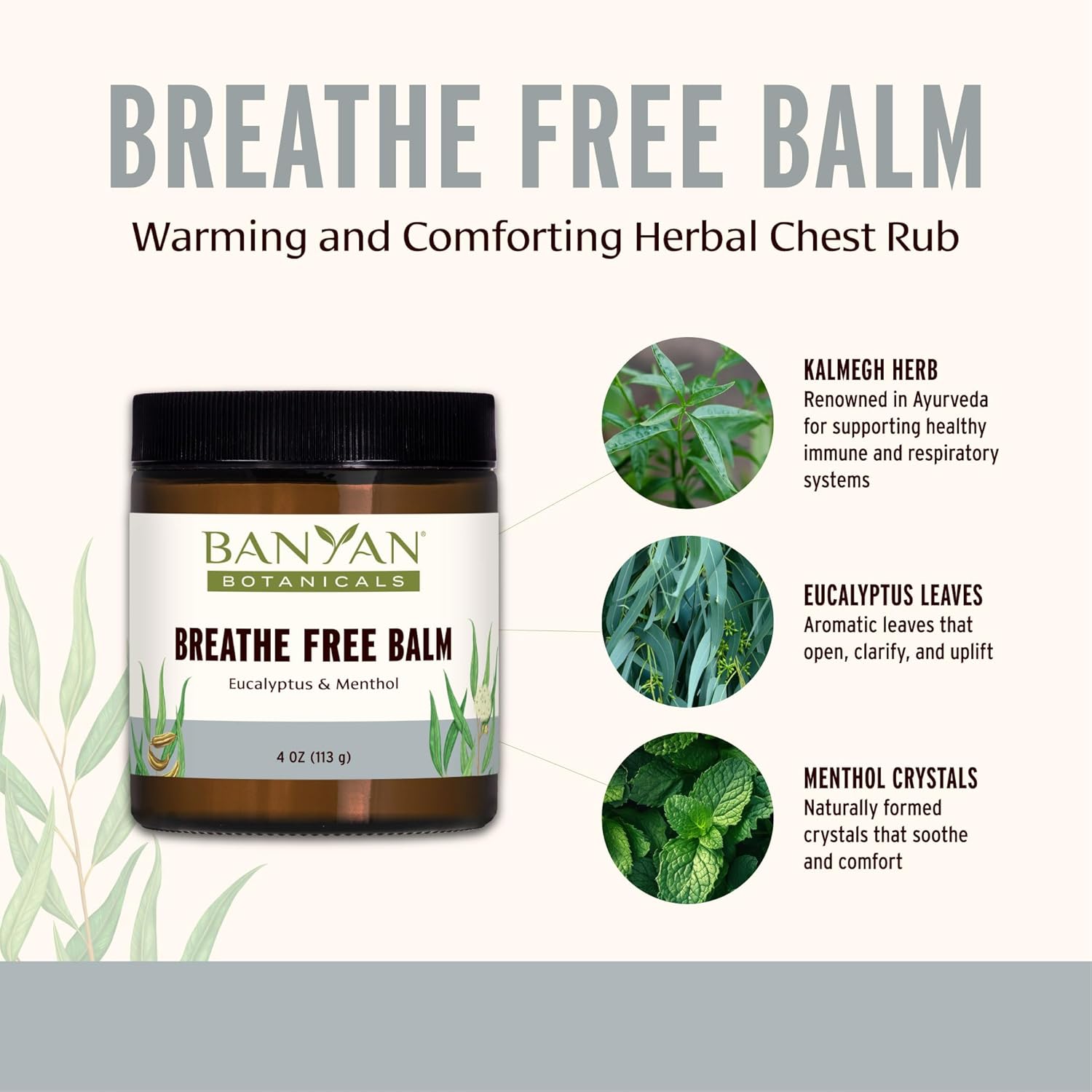 Banyan Botanicals Breathe Free Balm – 99% Organic, Natural Chest Rub with Eucalyptus & Menthol Crystals ­­– for Respiratory Relief & Easy Breathing – 4 oz. – Non GMO Sustainably Sourced Vegetarian