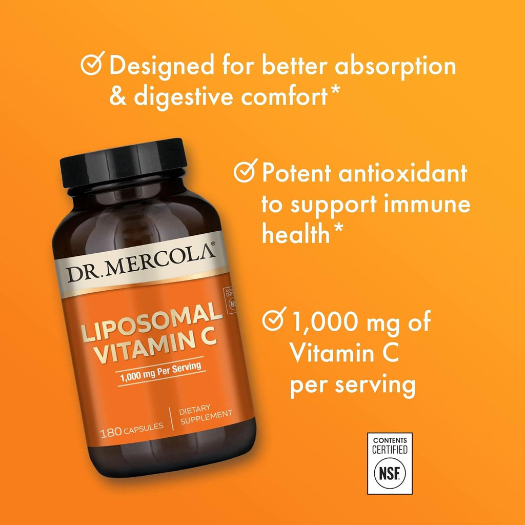 Dr. Mercola Liposomal Vitamin C - Brain, Heart, Eye & Immune Support - Provides 1,000 mg of Bioavailable Vitamin C - Non-GMO, Gluten-Free & Soy-Free - 180 Capsules (90 Servings)