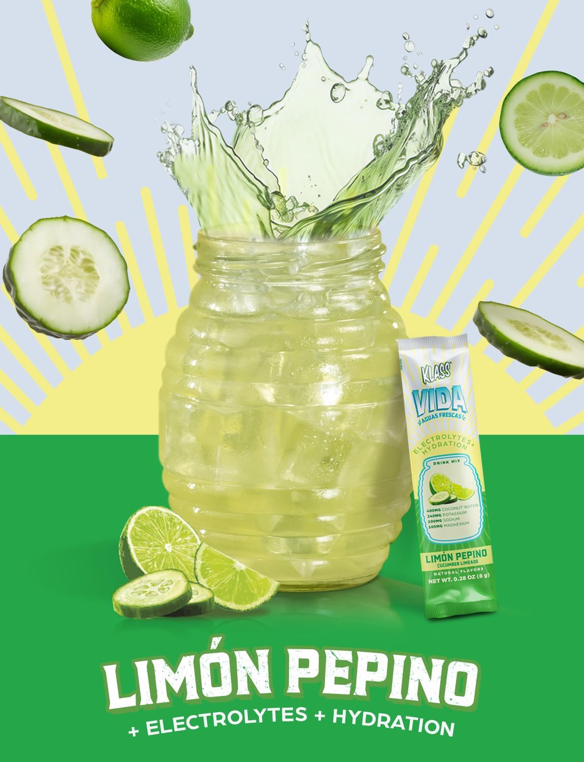 Electrolyte Drink Mix – Cucumber Limeade Agua Fresca Flavor | Sugar-Free Hydration Powder with Coconut Water & Minerals | 15 Single-Serve Stick Packs, Low Calorie, Natural Flavor